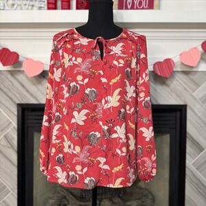 Loft‎ Floral Print Blouse Long Sleeve Keyhole Neck Top Casual Red Size Small